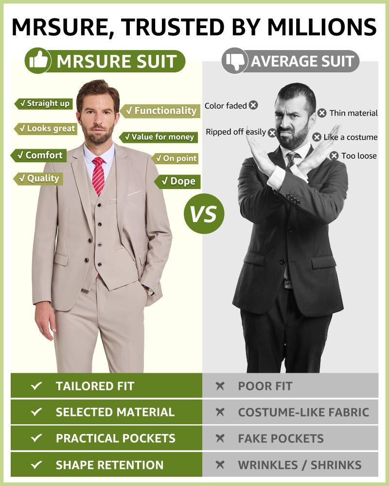 MrSure Men's 3 Piece Suit Blazer, Slim Fit Tux with 2 Button, Jacket Vest Pants & Tie Set for Party, Wedding and Business Beige - Image 5